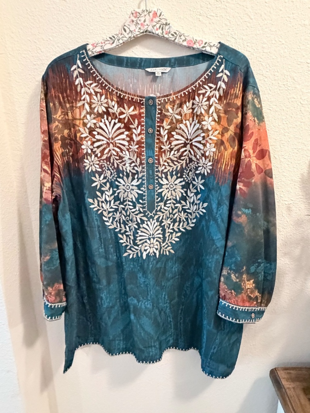 John Mark Embroidered Teal & Rust Floral Blouse XL - Picture 3 of 9